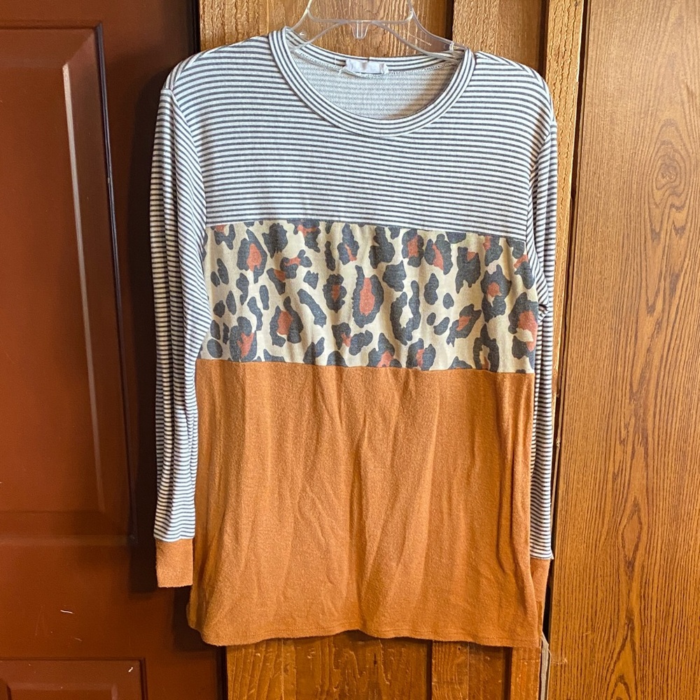 Striped Leopard Colorblock Long-Sleeve Top - Rust